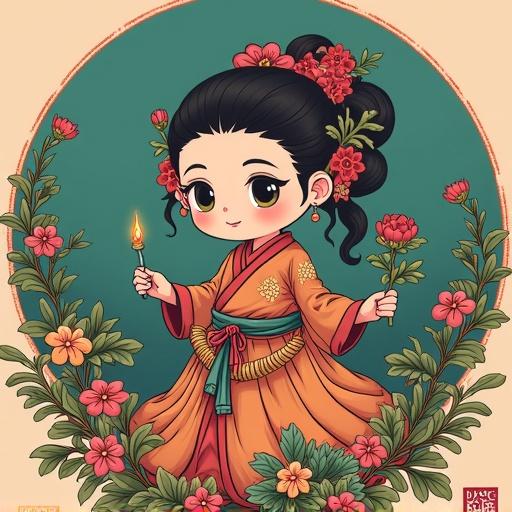 Young girl in traditional outfit holds a candle. Surrounded by colorful flowers. Cute chibi art style. Warm colors.