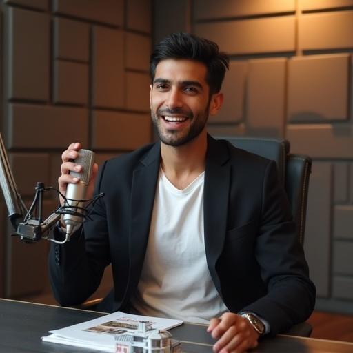 Young man in his twenties sitting in a modern podcast studio. Short hair, medium skin tone, wearing dark blazer over white t-shirt. Expressive while talking into a professional microphone. Warm lighting, acoustic panels in the background with real estate-related objects on the table.