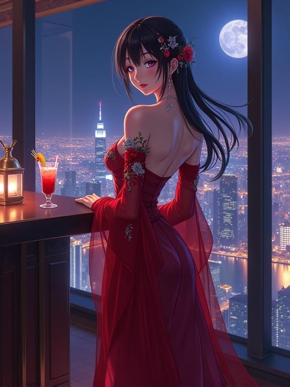 A graceful woman stands in front of a large window. She wears a luxurious red off-shoulder gown with silver floral patterns. Her hair is adorned with shiny silver kanzashi. A vibrant city skyline is illuminated in the background with a full moon glowing softly. A cocktail drink is on the bar counter. The scene conveys elegance and allure in a sophisticated setting.