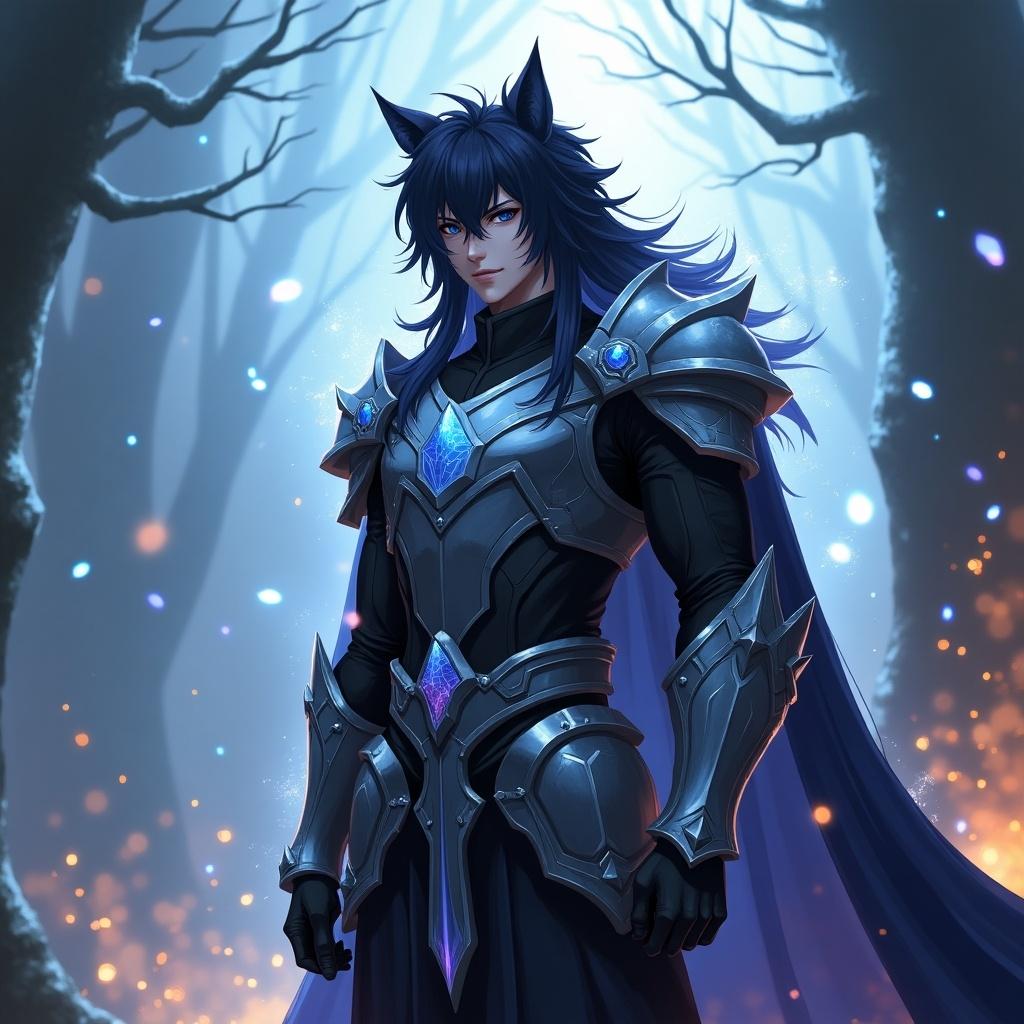 Long black anime wolfcut hair individual wearing magical armor stands in a mystical forest with soft light filtering through trees