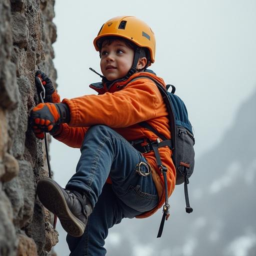 Realistic image of a child engaged in climbing. Wearing a climbing helmet. Orange jacket and blue jeans. Focus on the climbing motion and safety equipment.