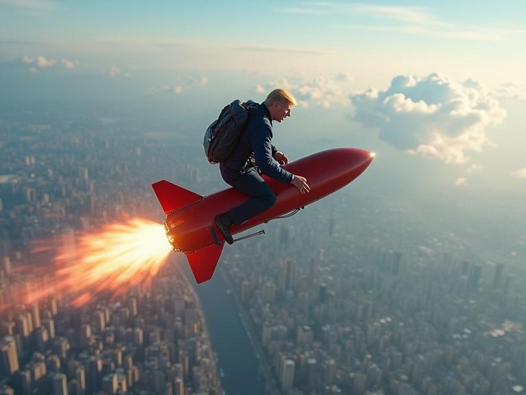 Man rides a red rocket mid air while skydiving. High altitude above a city. View of cityscape below with clouds in the sky.