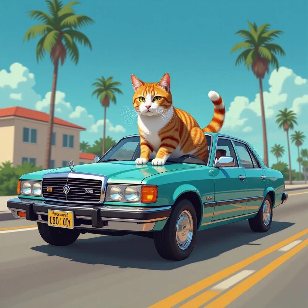A cat is riding on the hood of a car. The car is vintage. Palm trees are in the background. Bright sunny sky. Colorful and playful scene.