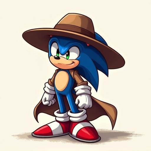 Sonic wears a wide-brimmed fedora hat and a duster coat. No background is present in the image.