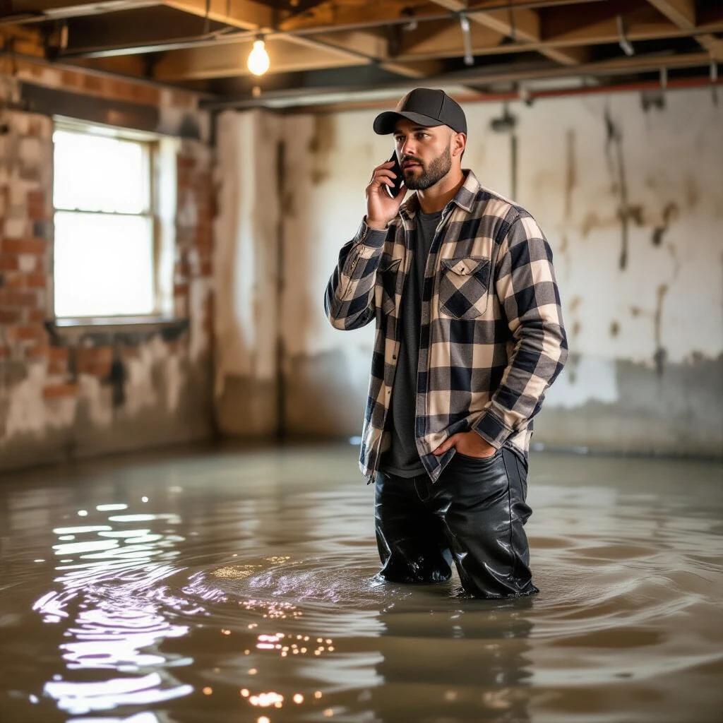 Frustrated man stands in flooded basement. Water reaches mid-calf. He talks on cell phone. He seeks help to dry out space.