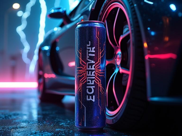 Futuristic and sleek can design for KONSTANTIN ENERGY energy drink. Mockup features electric circuit patterns. Close-up of glossy wheel silhouette in background. Bright neon lighting with lightning effects.