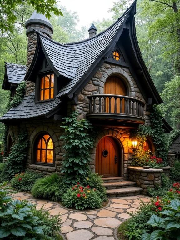 This image features a storybook-style stone cottage in a lush forest. The cottage showcases whimsical architecture with multiple arched windows and a rounded door. It has a deep charcoal gray roof and a spiraled stone chimney. The surrounding greenery includes vibrant flowers and mossy stones along a winding pathway.