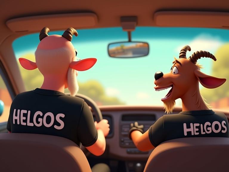 View from the back seat of a car looking forward. An older man drives and a humanoid goat male sits in the passenger seat. Both wear black t-shirts with the word 'HELGOS'. The man is bald with large ears. The goat has a stylized head with horns and appears joyful. The scene is cartoonish and vibrant, depicting a sunny day.