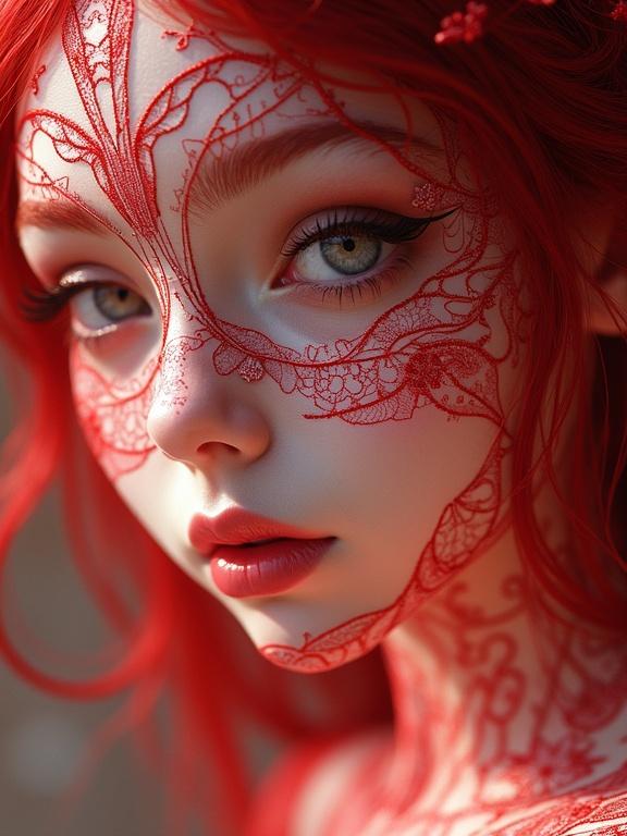 A hyperdetailed digital artwork of a model with red hair and lace patterns on the face. The model features a feminine and alluring expression. Techniques include Zentangle and Droste effects. The artwork is high resolution and visually stunning.