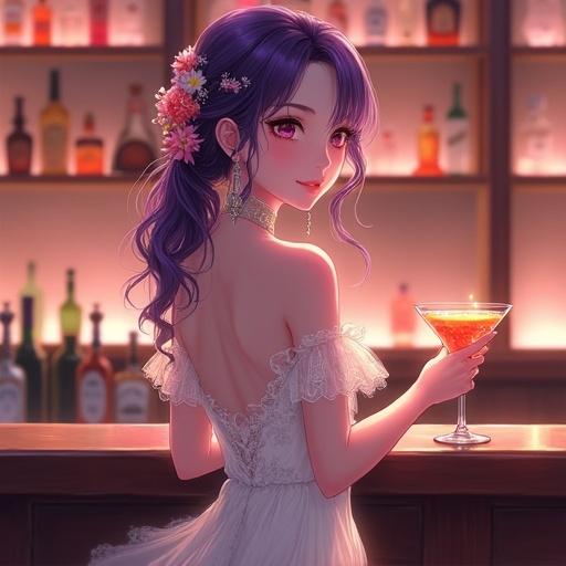 A beautiful East Asian woman stands at a stylish bar. She wears a white off-shoulder dress with floral patterns. Violet hair styled in an updo with flowers. Long earrings catch the soft lighting. A glass filled with orange drink in her hand. Behind her is a cozy bar with softly lit shelves of alcohol. Digital painting with soft lighting. Evokes elegance and charm.