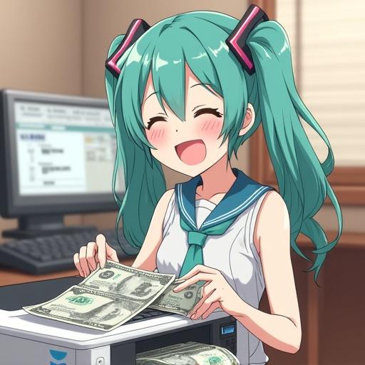 Anime character printing money with a printer. Character is very happy while printing 10000 yen bills. Playful and cheerful expression. Bright colors and a fun atmosphere.