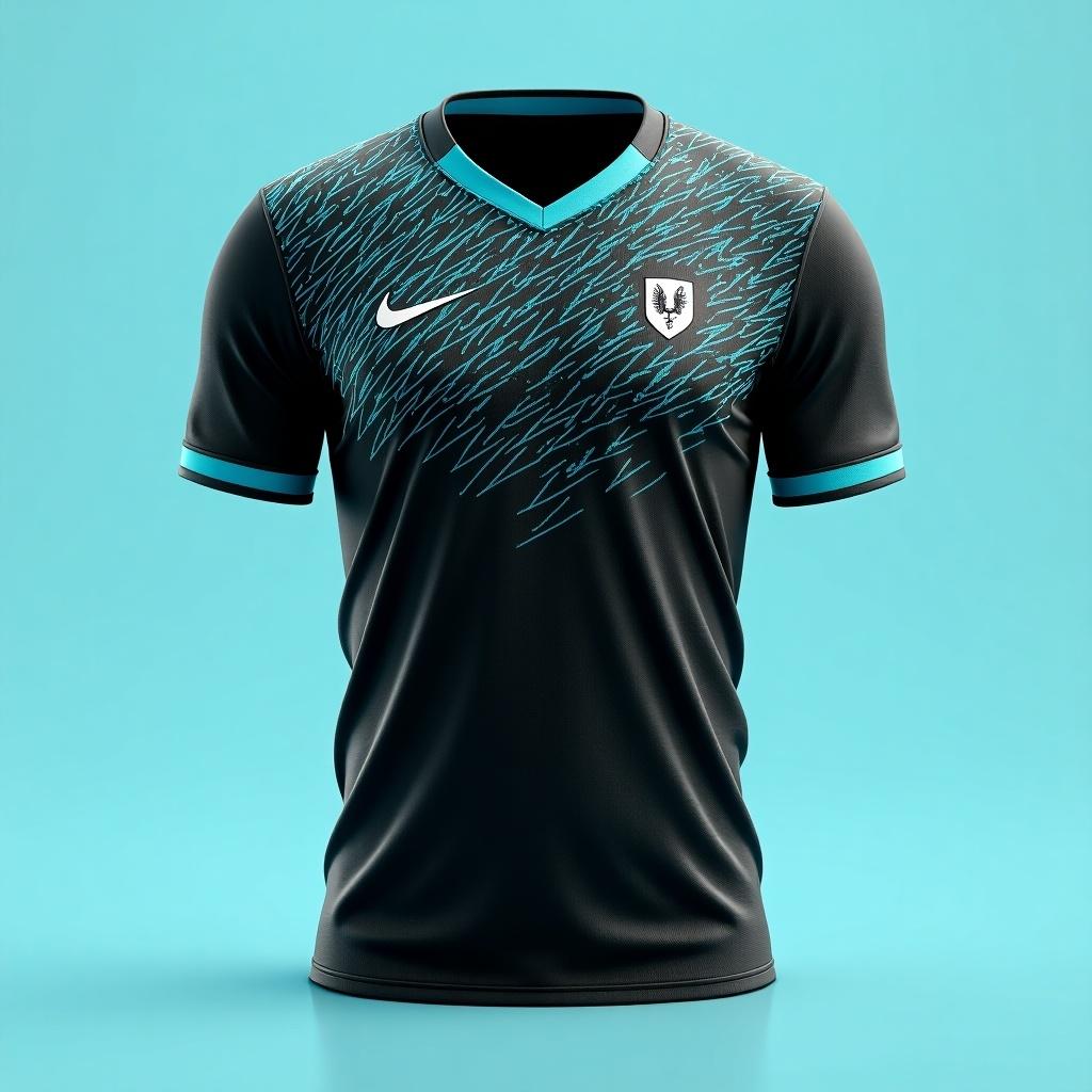 Design a football kit featuring black and cyan colors. Include doodle textures on the black areas. Present the kit from the front view.