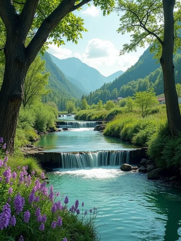 Tranquil landscape with a small waterfall surrounded by a river. Lush green vegetation frames the scene. Tall trees arch over the water. Purple wildflowers bloom at the riverbank. The background features soft green mountains beneath a partly cloudy sky.