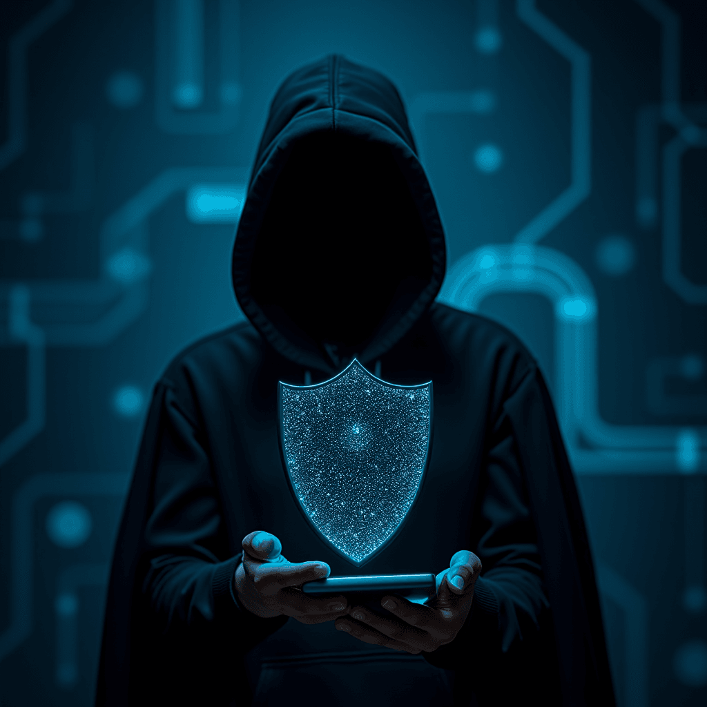 A mysterious hooded figure holds a digital shield symbol above a smartphone, symbolizing cybersecurity.