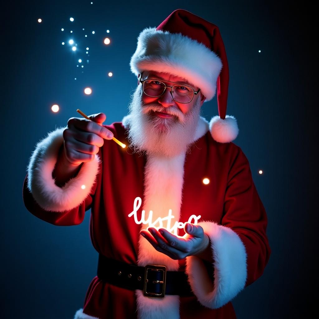 Magical Santa Claus character dressed in festive attire. Santa writes the name 'Liam' using a glowing stick. Bright, whimsical atmosphere. Holiday theme.