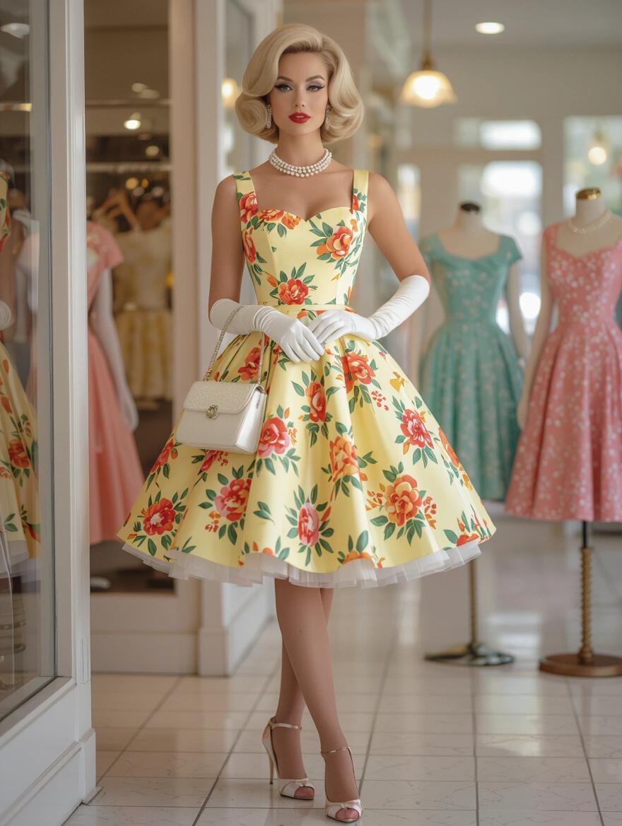 Stunning portrait of a woman in a vintage floral dress. She has platinum blonde hair styled elegantly. Wearing a pearl necklace and diamond earrings. Showing off her legs and high heels. Holding a white purse. Makeup is flawless with red lipstick. The setting is a chic boutique with soft corners and vibrant decor.