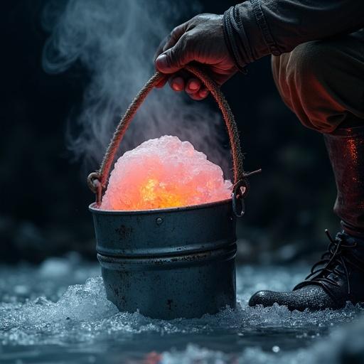 A man pulls a metal bucket from a black pit using an old rope. The bucket contains a block of ice emitting steam with a red glow inside. He touches it cautiously and flinches, showing the intensity of heat and cold. Detailed breath fog in the cold air. Visuals show contrast between temperature. Hyperrealistic details.
