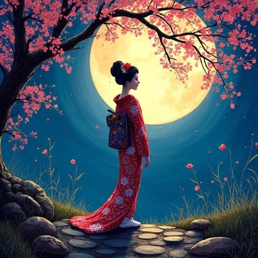 A geisha stands gracefully in a moonlit garden. Her silhouette is framed by delicate branches of a cherry tree. The moonlight casts long shadows on the ground creating mystery. Her kimono is adorned with intricate patterns that shimmer in the light. Rendered in Zentangle art style with vibrant ink work and metallic sheen.