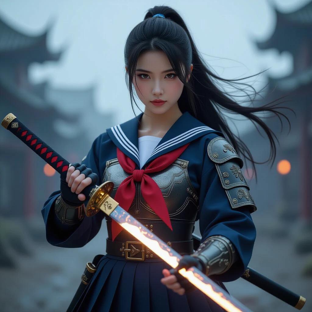 Ultra realistic portrait of a beautiful Japanese high school girl swordfighter. She wears a detailed sailor uniform with fantasy armor elements. She holds a glowing katana with a realistic metal texture in a battlefield shrouded in atmospheric fog. Long black hair flows in the wind. Highly detailed skin texture and lifelike expression. Natural light reflects in her eyes. Cinematic lighting enhances the scene. Realistic cloth physics and shallow depth of field create a photorealistic fantasy style.