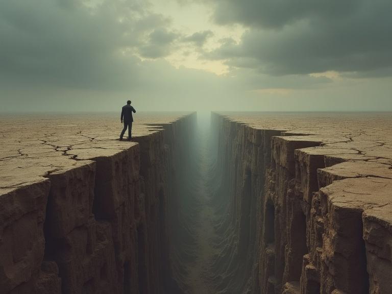 A cracked dry earth landscape under a moody sky features a solitary figure at the canyon edge. It symbolizes emotional fracture and isolation. The colors are muted and the style is realistic.