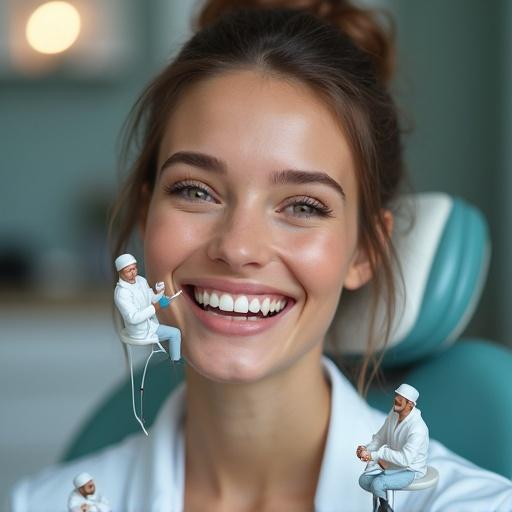 A beautiful young woman sitting in a dental chair. She has perfect white teeth and is smiling. Tiny dentists in white coats work around her mouth. They use dental tools and equipment. The setting is a modern dental clinic with soft lighting. The style is hyper-realistic and surreal.