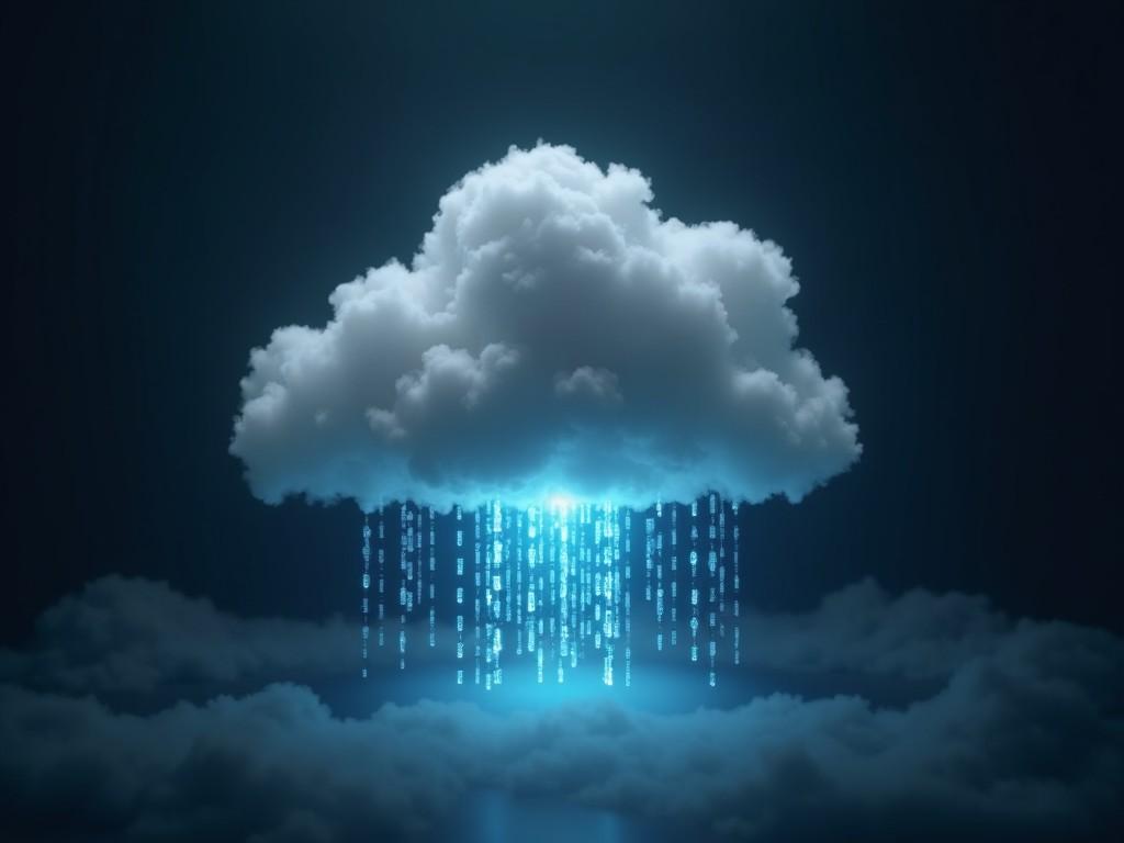 The image depicts a cloud that appears to be digitally enhanced, emitting streams of blue binary code. The cloud is fluffy and light, set against a deep black background. The binary code represents data, signifying themes of technology and information. Beneath the cloud, additional misty clouds add depth to the scene. The overall atmosphere feels futuristic, evoking ideas of digital transformation and cloud computing.