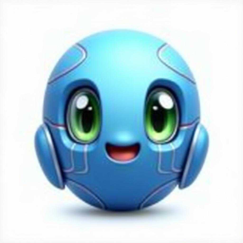 A cute blue AI emoji with large green eyes and a smiling face. The design is round and friendly, featuring simple lines and a modern look.