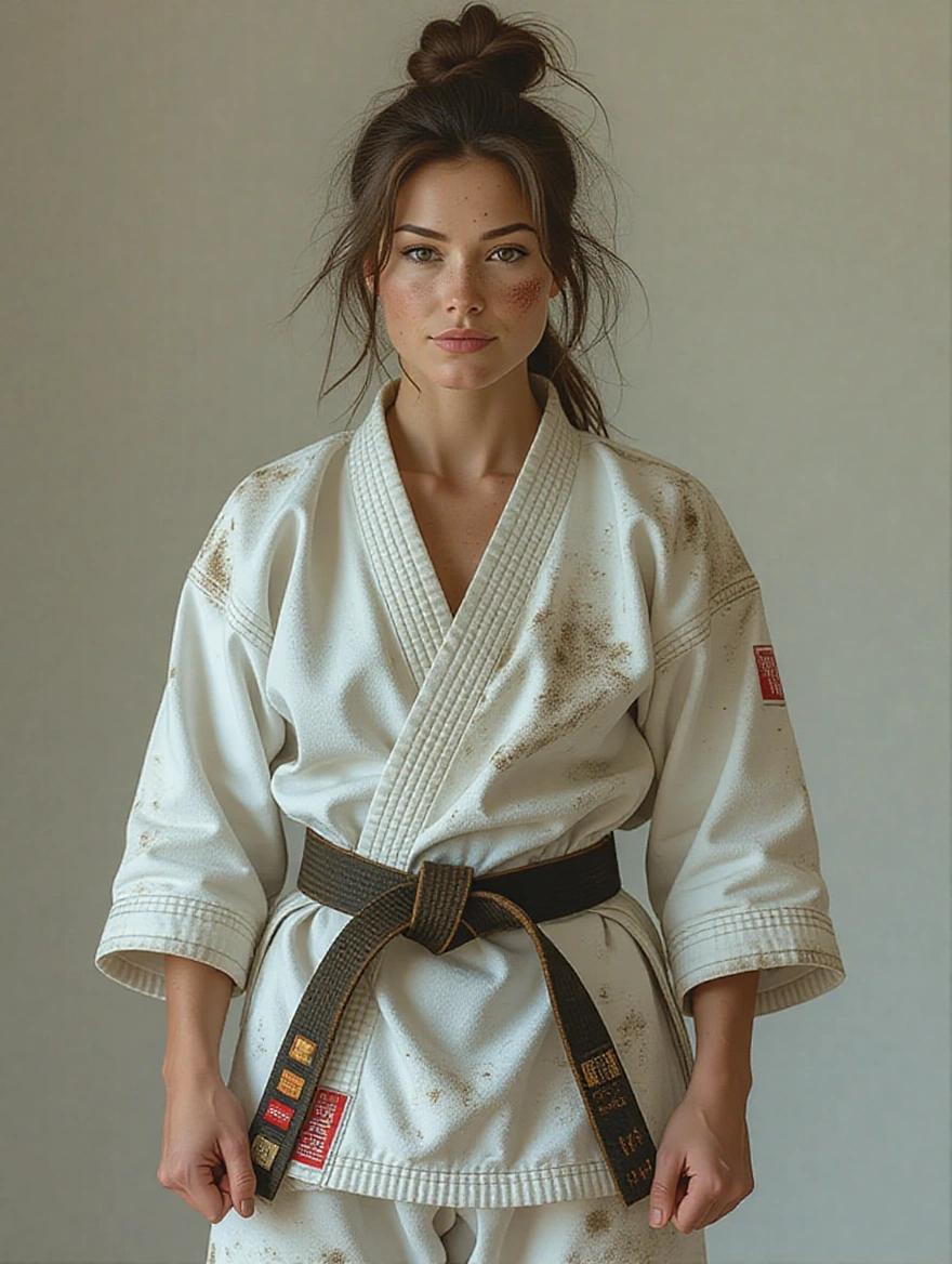 Athletic woman in worn karate gi showing effort. Dirty appearance with smudges on face. Hair is untidy. Smiling despite fatigue. Full body view from head to toe.