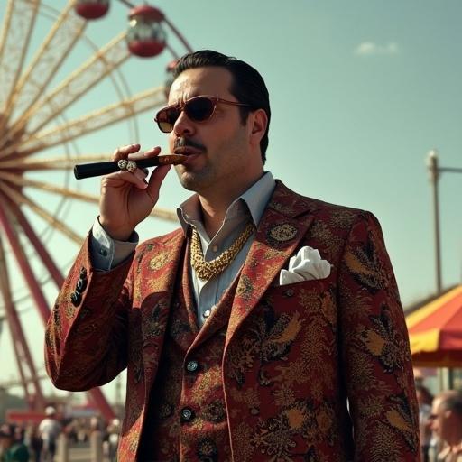 Gangster man smoking cigar wearing Persian carpet jacket and rings. He stands at amusement park with Ferris wheel and hostages tied to it.