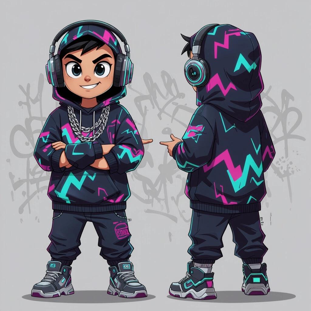 Stylized humanoid character in vintage rubber hose style with a modern streetwear twist. Youthful dynamic appearance with large expressive head and big eyes. Oversized hoodie with neon glitch pattern and visible fabric texture. Large retro headphones thick neck chains and chunky sneakers. Confident pose with arms crossed or pointing. Minimal background with graffiti textures. Clean linework and vibrant colors. Charismatic expression appealing to young audience. Perfect for sublimation printing.