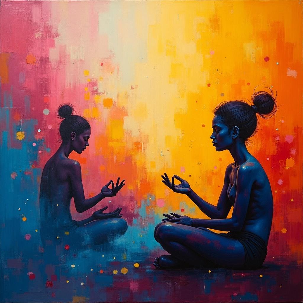 Abstract artwork depicting two figures in meditative poses. Use of vibrant colors conveying relaxation and tranquility. Focus on enjoyable rituals.