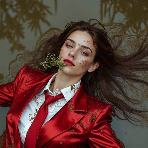 Ultra realistic photo of woman lying in dirty swamp water. She splashes while chewing grass. Wears water-stained red satin business suit. Her face is pleasant and smiling. Mud covers her, especially her hair.