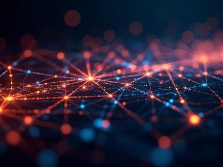 Abstract image showcasing a network of interconnected lines and glowing points. Lines and points mix vibrant orange-red and cool blue-cyan hues. Lines intersect and radiate outward creating complex network structure. Light sources appear as bright glowing points along lines with varying intensity and size. Dark background allows network elements to stand out. Blurred circles of light contribute to abstract nature. Overall impression of dynamic interconnected system representing complex network data flow. Perspective from slightly elevated angle looking down on intricate pattern of lines and points. Composition is full-frame and dynamic with distributed focus. Vivid contrasting colors create sense of energy and depth. Style is digital computer-generated rendering with modern scientific aesthetic.