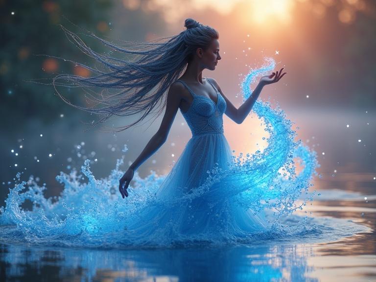 A 3D render of a dancer with translucent flowing hair. The hair swirls into a blue whirlpool. Fireflies made of glowing air bubbles surround her smile. The shadow becomes a storm-serpent silhouette. The scene has warm twilight colors over tranquil waters.