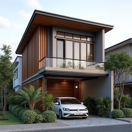 Front view of a minimalist one-story house with a red tiled roof common in Indonesia. Left side features a terrace. Right side has a concrete garage with a car.