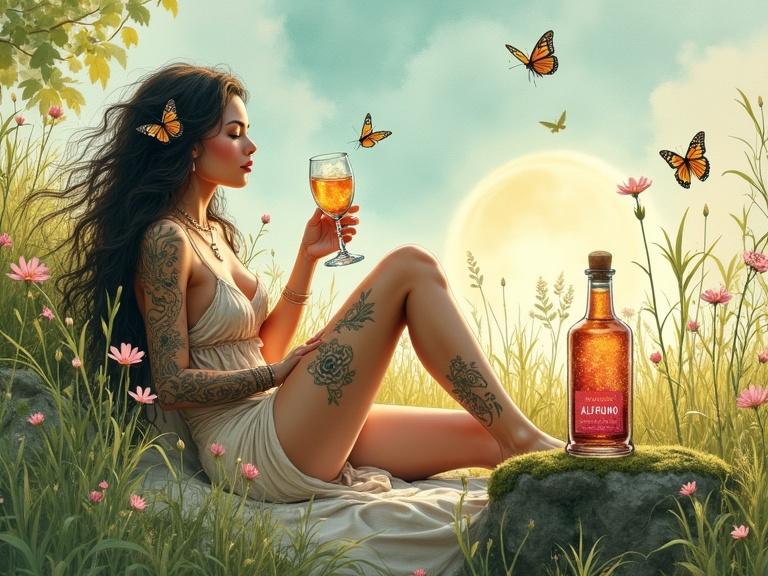 Watercolor painting of a tribal goddess with intricate tattoos reclining in a sun-drenched meadow. She offers a toast with a glass of shimmering elixir. Surrounded by wildflowers and butterflies. Nearby, a bottle labeled 'ALFRUNO' rests on a mossy stone. Soft colors create tranquility and magic.
