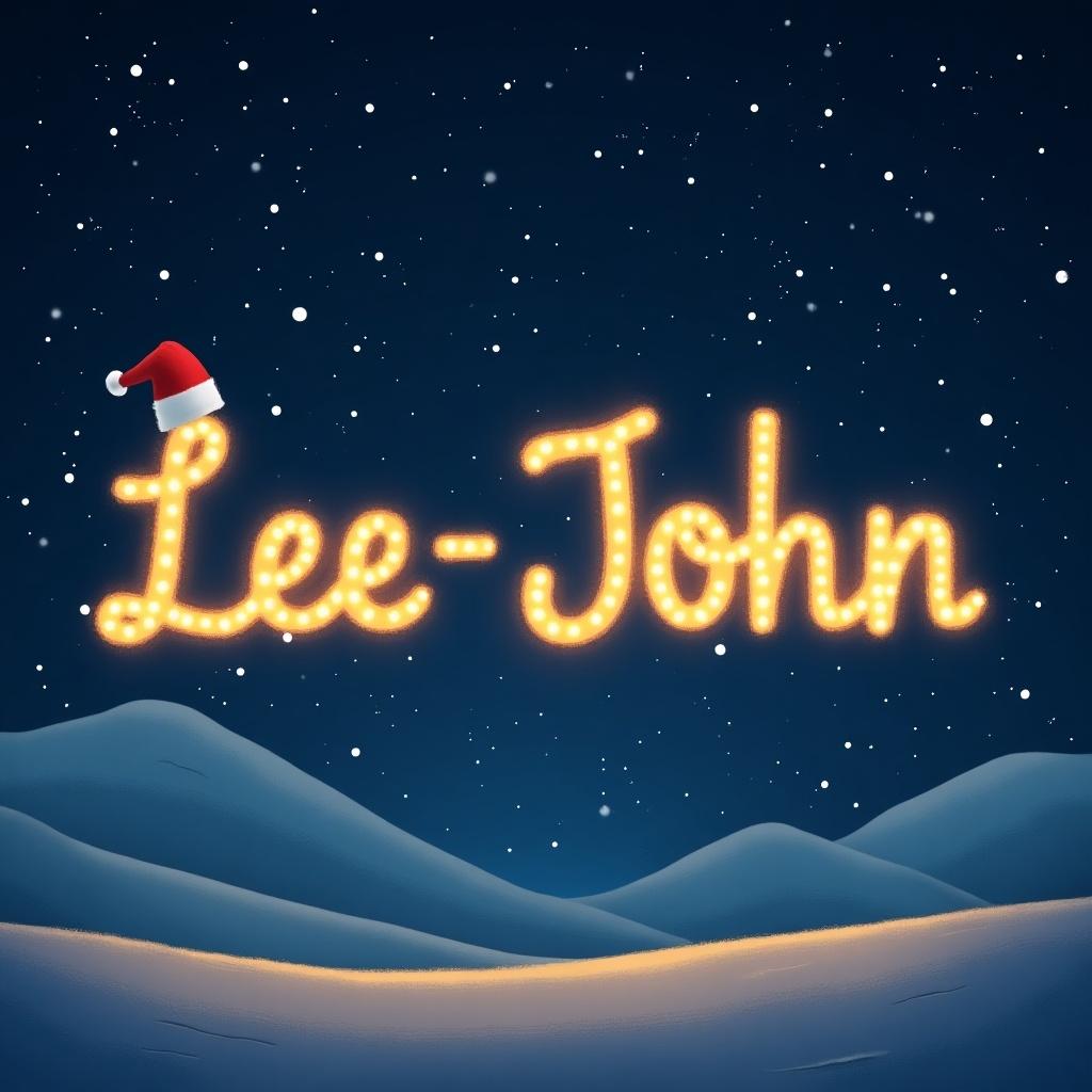 The image features the name 'Lee-John' written in bright, glowing lights in the night sky. A Santa hat is playfully placed on top of the first letter. The background consists of gentle, snowy hills under a starry sky. Snowflakes are falling gently, adding to the wintery ambiance. This festive scene evokes the warmth and joy of the holiday season.