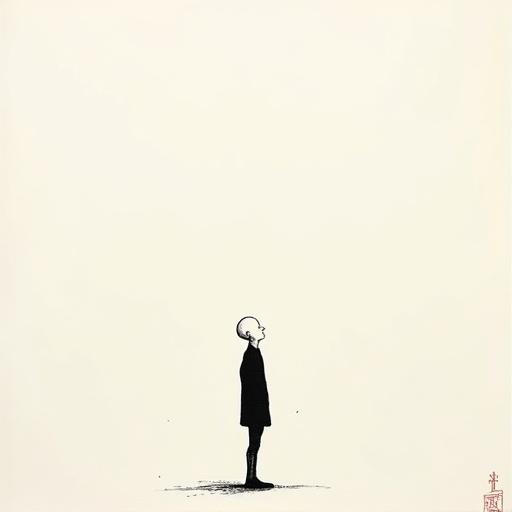 Bald human silhouette standing still against a blank background. Thin tall teen figure has a black fill color. Minimalistic sketch style emphasizes serenity. Inspired by traditional Asian brushwork with delicate ink lines on textured paper.