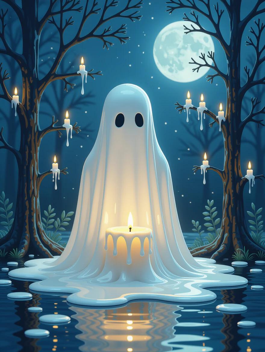 A ghostly candle in a white, flowing shape is melting into a pool. Surrounded by waxy trees with glowing candles, under a full moon in a calm night scene. Misty reflections enhance the ambiance. Pencil sketch style, vibrant colors, and hyperrealistic details.