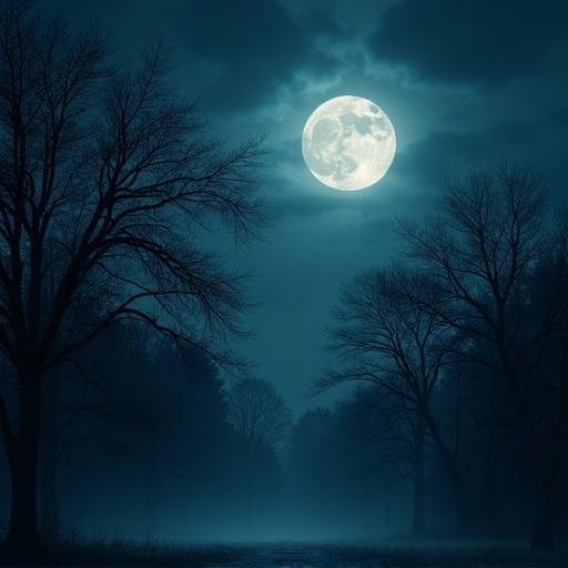 Album cover art representing the theme of insomnia. The scene features a bright full moon casting light on a dark and misty forest path. Tall, leafless trees flank the path, giving an eerie yet peaceful vibe. The overall setting conveys a feeling of solitude and introspection at night.