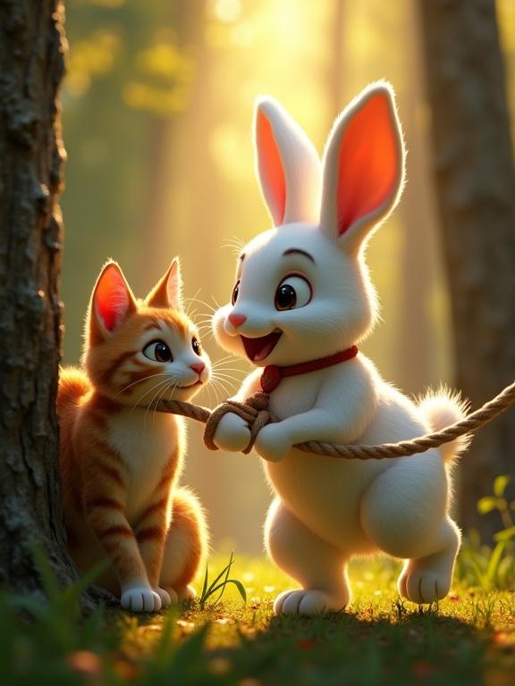White rabbit and orange cat interacting in a forest. The rabbit shows bravery while holding a rope. Warm light filters through trees, creating a magical atmosphere in dynamic Pixar 3D style.