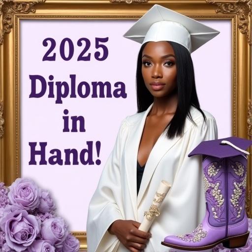 A Black woman stands in a graduation gown and cap. She holds a diploma with confidence. The background features lavender roses and peonies. Bold purple letters state 2025. Below, the phrase 'Diploma in Hand!' is displayed. A pair of embroidered purple boots is next to stylish text reading 'Boots on the Ground'. The scene feels empowering and celebratory.