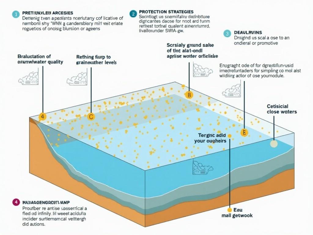 This diagram presents a scientifically acceptable methodology for delineating SWSA-gw, focusing on national and transboundary aquifers. It emphasizes the importance of groundwater quality and its management. Additionally, it reviews and refines the scale of SWSA-gw to individual aquifers. The diagram also proposes approaches for the protection and management of refined SWSA-gw. It visually represents various strategies and considerations in groundwater management.