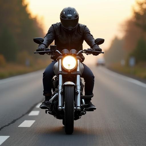 Motorcycle on the road at sunset with a rider. The motorcycle is black and chrome. The rider is wearing a helmet. The road is straight with trees on either side.
