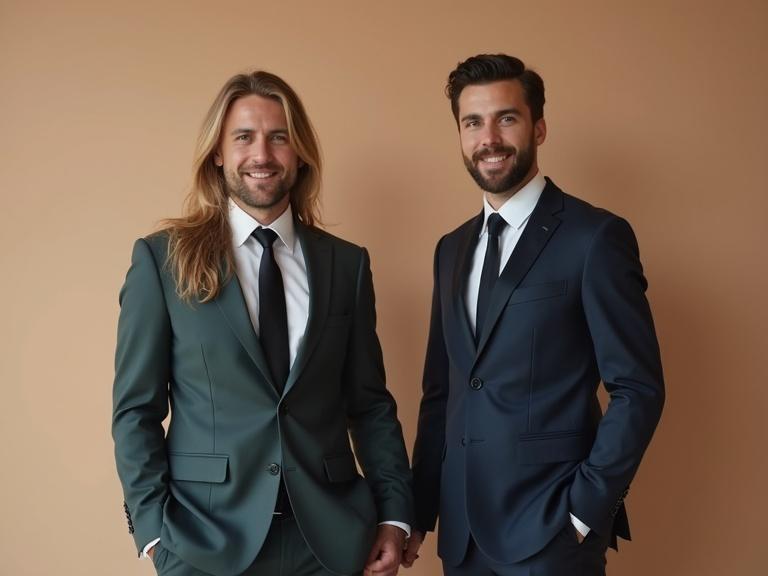 Two individuals dressed in expensive suits stand side by side. One individual has long hair and wears a green suit, while the other wears a dark suit with a white shirt. Subtle lighting illuminates the scene against a light-colored backdrop.