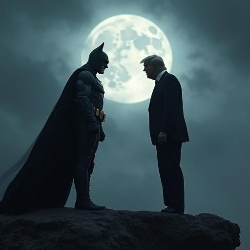 Batman stands aggressive on a large cliff facing Donald Trump. Full moon behind creates a dramatic scene. Stormy night atmosphere surrounding characters.