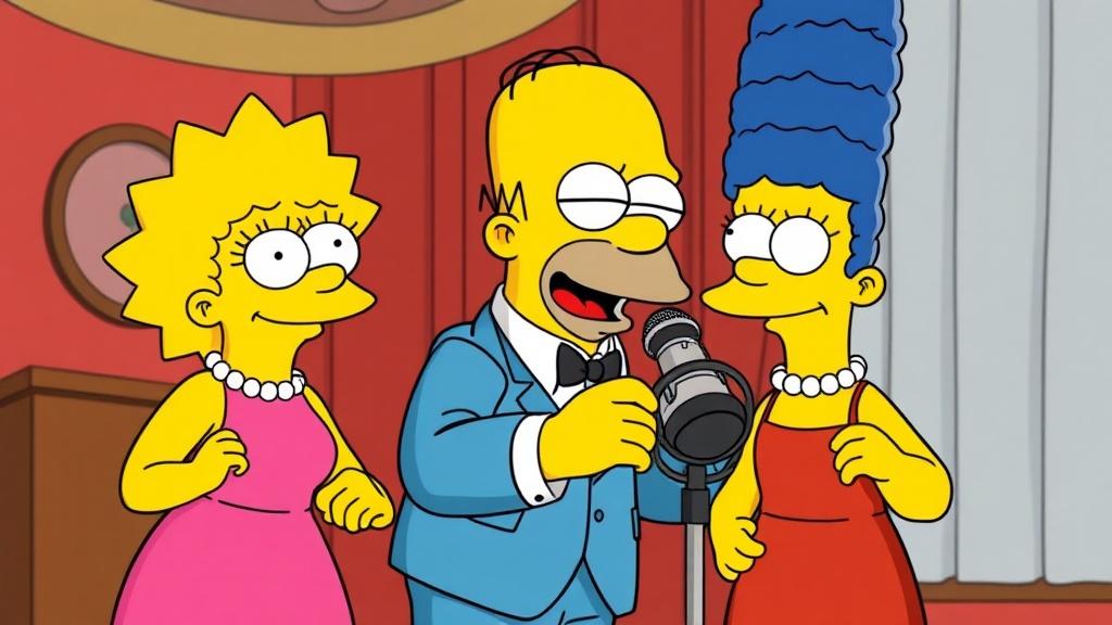 The Simpsons characters singing together on stage with a microphone.