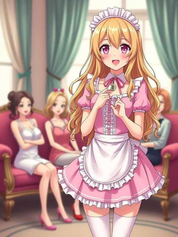 Anime-style illustration in a lavish living room with elegant furniture. A group of fashionable women sit on a couch laughing and pointing. A confident maid stands in the foreground with a smug grin. A 20-year-old crossdressing sissy maid with long blonde hair in a pink maid uniform. The maid blushes deeply with anime-style sweat drops and shy expression. Exaggerated makeup and small lock pendant around waist.