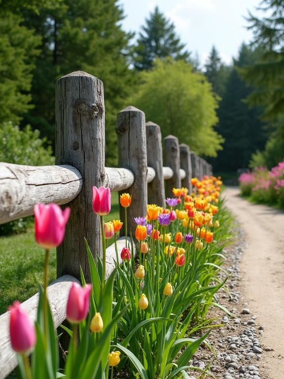 A rustic wooden fence lines a winding dirt path through a vibrant garden. The fence features weathered gray-brown wooden posts with a rough texture. Flowers bloom along the base, including colorful tulip-like flowers in pink, yellow, orange, and purple. Small gray stones border the path. A lush green forest can be seen in the background. The scene suggests a bright clear day in May.