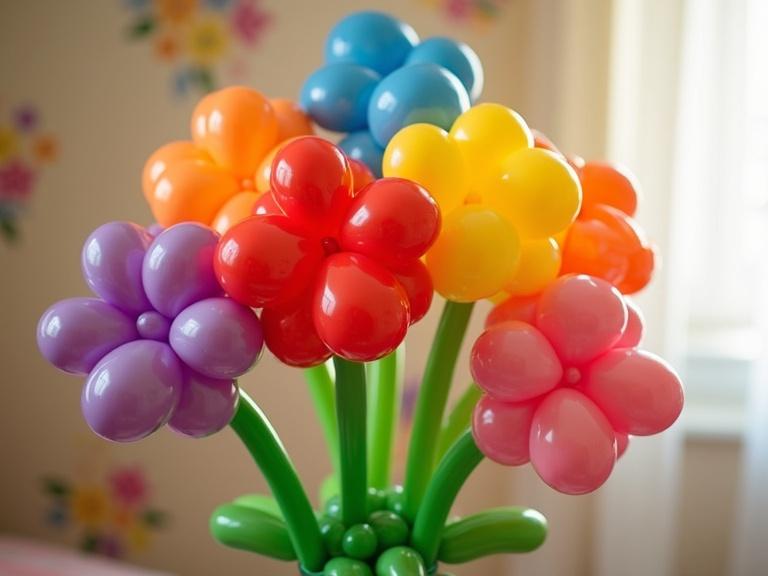 A vibrant bouquet made of colorful balloons is in a warmly lit room. Each balloon flower has bright hues. The background has pastel wallpaper with floral patterns, creating a cheerful atmosphere.